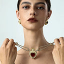 Vintage Red Crystal Heart Pearl Necklace - Gold-Tone Retro Elegant Statement Jewelry for Women, Versatile Fashion Accessory