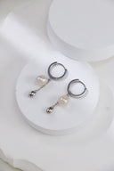 Niche Freshwater Pearl Sterling Silver Hoops - Two-Tone Dangle Huggie Earrings, Elegant Statement Jewelry for Women