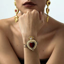 Vintage Red Crystal Heart Pearl Necklace - Gold-Tone Retro Elegant Statement Jewelry for Women, Versatile Fashion Accessory