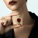 Vintage Red Crystal Heart Pearl Necklace - Gold-Tone Retro Elegant Statement Jewelry for Women, Versatile Fashion Accessory