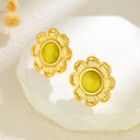 Cross-Border French Light Luxury Stainless Steel Lotus Stud Earrings, Versatile Fashion Cat's Eye Stone Flower Earrings, Vintage Ear Jewelry Wholesale