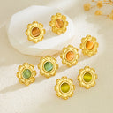 Cross-Border French Light Luxury Stainless Steel Lotus Stud Earrings, Versatile Fashion Cat's Eye Stone Flower Earrings, Vintage Ear Jewelry Wholesale