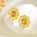 Cross-Border French Light Luxury Stainless Steel Lotus Stud Earrings, Versatile Fashion Cat's Eye Stone Flower Earrings, Vintage Ear Jewelry Wholesale