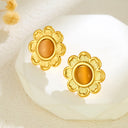 Cross-Border French Light Luxury Stainless Steel Lotus Stud Earrings, Versatile Fashion Cat's Eye Stone Flower Earrings, Vintage Ear Jewelry Wholesale