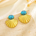 Summer INS Drop Earrings, French Retro Minimalist Luxury & Niche Design, Titanium Steel Inlaid Turquoise Irregular Fan-Shaped Exquisite Earrings