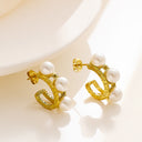 Ins Style Gold Plated Double-Loop C-Shaped Hoops, Retro Stainless Steel & Titanium Steel Pearl Earrings for Women