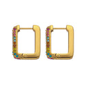 18K Gold Plated Earrings, Square Colorful Cubic Zirconia Inlaid Hoops, Versatile Stainless Steel & Titanium Steel Ear Cuffs