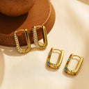 INS Style 18K Gold Plated Earrings, Square Colorful Cubic Zirconia Diamond - Inlaid Ear Cuffs, Versatile Stainless Steel & Titanium Steel Studs for Women