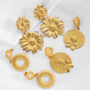 INS Style Stainless Steel Earrings - Geometric Texture Minimalist Studs & Gold Sunflower Titanium Steel Dangles for Women