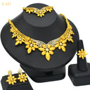 Nigerian & Middle Eastern Bridal Gold-Plated Jewelry Set, Exaggerated Long Floral Necklace with Ring, Bracelet and Earrings, 4-Piece Wholesale