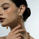 Niche Vintage Amber Jewelry Set - Gold-Tone Retro Elegant Design, Statement Jewelry for Women
