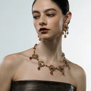 Niche Vintage Amber Jewelry Set - Gold-Tone Retro Elegant Design, Statement Jewelry for Women