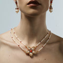 Vintage Red Coral Pearl Floral Jewelry Set - Gold-Tone Retro Elegant Statement Jewelry for Women, Versatile Fashion Accessory