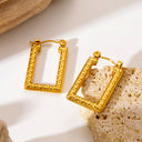 French Geometric Stainless Steel Hoop Earrings, Niche Luxury Embossed Square Anti-Tarnish Earrings for Women