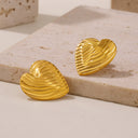 Bulk Light Luxury Jewelry: 18K Gold Plated Stainless Steel Striped Heart Studs, European American Style, Trendy Versatile Design