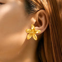 Cross-Border European-American INS Niche 5-Petal Flower Stainless Steel Stud Earrings, Minimalist Glossy Polished Office Earrings, 18K Gold Plated Jewelry