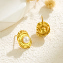 Cross-Border INS Influencer Trendy Jewelry, 18K Gold Plated Stainless Steel Earrings, Faux Pearl & Tiger Eye Stone Oval Earrings for Women