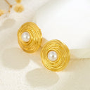 French Vintage Niche Flower Earrings, Pearl-Inlaid Stud Earrings for Women, Chanel-Style Light Luxury Titanium Steel Gold-Plated Jewelry Wholesale