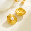 French Vintage Niche Flower Earrings, Pearl-Inlaid Stud Earrings for Women, Chanel-Style Light Luxury Titanium Steel Gold-Plated Jewelry Wholesale