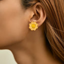 Cross-Border French Light Luxury Stainless Steel Lotus Stud Earrings, Versatile Fashion Cat's Eye Stone Flower Earrings, Vintage Ear Jewelry Wholesale