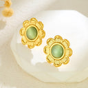 Cross-Border French Light Luxury Stainless Steel Lotus Stud Earrings, Versatile Fashion Cat's Eye Stone Flower Earrings, Vintage Ear Jewelry Wholesale