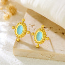 French Vintage Blue Turquoise Stud Earrings for Women, Fashionable Light Luxury Stainless Steel Natural Stone Earrings, Cross-Border Ear Jewelry