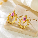 New French-Style Fashionable Vintage Unique Textured Titanium Steel Earrings, 18K Gold Plated with Natural Stones Sun Earrings, Niche Jewelry
