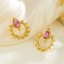 New French-Style Fashionable Vintage Unique Textured Titanium Steel Earrings, 18K Gold Plated with Natural Stones Sun Earrings, Niche Jewelry