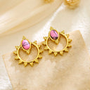 New French-Style Fashionable Vintage Unique Textured Titanium Steel Earrings, 18K Gold Plated with Natural Stones Sun Earrings, Niche Jewelry