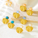 Summer INS Drop Earrings, French Retro Minimalist Luxury & Niche Design, Titanium Steel Inlaid Turquoise Irregular Fan-Shaped Exquisite Earrings