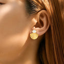 Summer INS Drop Earrings, French Retro Minimalist Luxury & Niche Design, Titanium Steel Inlaid Turquoise Irregular Fan-Shaped Exquisite Earrings