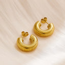 INS Style Niche High-End Gold Plated Irregular Hoops, French Vintage Titanium Steel Gold Striped Horn Earrings for Women