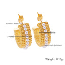 Ins Style Gold Plated Double-Loop C-Shaped Hoops, Retro Stainless Steel & Titanium Steel Pearl Earrings for Women
