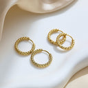 Brand X Retro Gold Titanium Steel Earrings, Embossed Circle Hoops, Minimalist Stylish Fade-Resistant Ear Cuffs for Women