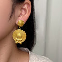 INS Style Stainless Steel Earrings - Geometric Texture Minimalist Studs & Gold Sunflower Titanium Steel Dangles for Women