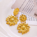 INS Style Stainless Steel Earrings - Geometric Texture Minimalist Studs & Gold Sunflower Titanium Steel Dangles for Women