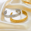 Niche Design Two-Tone Stainless Steel Bracelet - Wholesale Fashion Embossed Hammered & Polished C-Shaped Open Bangle