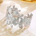 Tarnish Resistant Wide Bracelet for Women - Adjustable Exaggerated Flower Leaf Open Cuff High End Euro American