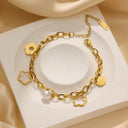 INS-Style 18K Gold-Plated Bracelet - Stainless Titanium Steel Pearl Five-Leaf Flower Charm