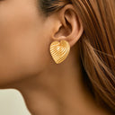 Bulk Light Luxury Jewelry: 18K Gold Plated Stainless Steel Striped Heart Studs, European American Style, Trendy Versatile Design