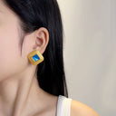 Euro-American Cross-Border Stainless Steel Earrings Set - Sunflower Natural Stone Dangles & Geometric Swirl Square Studs for Women