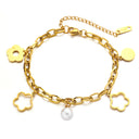 INS-Style 18K Gold-Plated Bracelet - Stainless Titanium Steel Pearl Five-Leaf Flower Charm