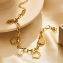 INS-Style 18K Gold-Plated Bracelet - Stainless Titanium Steel Pearl Five-Leaf Flower Charm