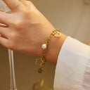 INS-Style 18K Gold-Plated Bracelet - Stainless Titanium Steel Pearl Five-Leaf Flower Charm