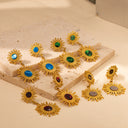 Euro-American Cross-Border Stainless Steel Earrings Set - Sunflower Natural Stone Dangles & Geometric Swirl Square Studs for Women