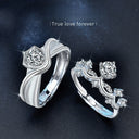 S925 Sterling Silver "Princess & Knight" Original Couple Rings, Engravable Open Wedding Bands with Moissanite