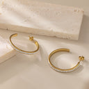Ins Minimalist Cool-Tone Titanium Steel Earrings, Double Semi-Circle C-Hoops with Diamonds