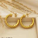 Ins Style 18K Gold Plated Versatile Hoops, C-Shaped Twist Thread Plain Stainless Steel & Titanium Steel Studs