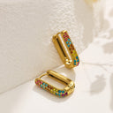 INS Style 18K Gold Plated Earrings, Square Colorful Cubic Zirconia Diamond - Inlaid Ear Cuffs, Versatile Stainless Steel & Titanium Steel Studs for Women