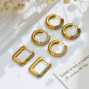 18K Gold Plated Earrings, Square Colorful Cubic Zirconia Inlaid Hoops, Versatile Stainless Steel & Titanium Steel Ear Cuffs